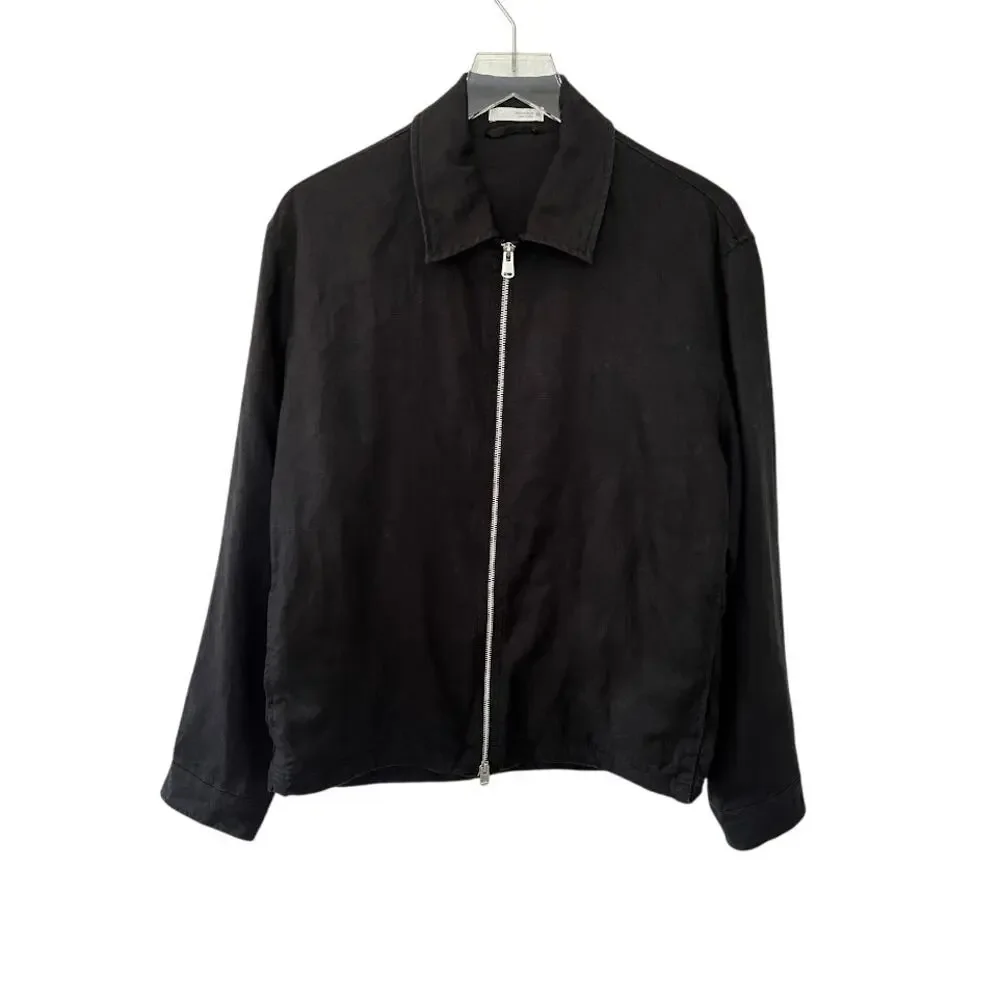 Zara Men's Black 100% Linen Zip-Up Harrington Jacket M Drawstring Hem